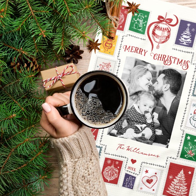 Paño De Cocina Foto caprichosa de Navidades de sello retro Ilustr (Whimsical Retro Stamp Christmas Doodles Photo Kitchen Towel Holiday Season Gift Family Table Decor )