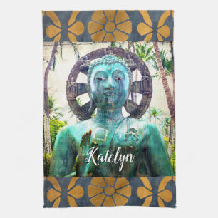 Paño De Cocina Foto de buda tropical antiguo azul con nombre pers
