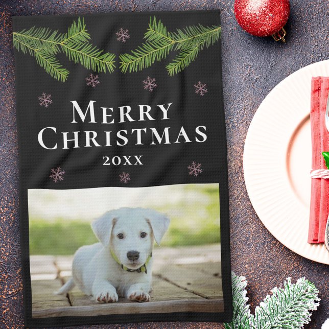 Paño De Cocina Foto de perro Mascota Pine Snowflakes Feliz Navida (Subido por el creador)