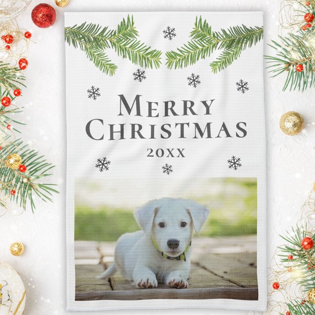 Paño De Cocina Foto de perro Mascota Pine Snowflakes Feliz Navida (Subido por el creador)
