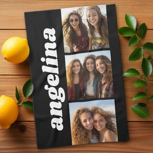 Paño De Cocina Fotos de moda de 3 con nombre chunky - negro (Custom Kitchen Towel with a Photo Collage)