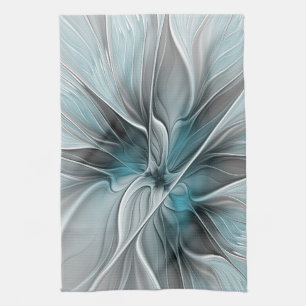 Paño De Cocina Fractal floral moderno abstracto flor azul gris