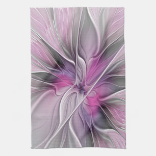 Paño De Cocina Fractal floral moderno abstracto flor rosa gris