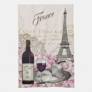 PAÑO DE COCINA FRANCIA, VIAJE EIFFEL, PARÍS, VINO, QUESO FRANCÉ
