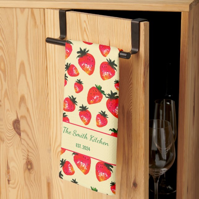 Paño De Cocina Fresa Pintada a Mano Personalizada Boho Amarillo (Pliegue de tercios)