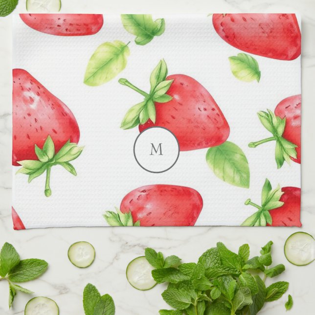 Paño De Cocina Fresas acuáticas monogramadas de verano moderno (Doblado)