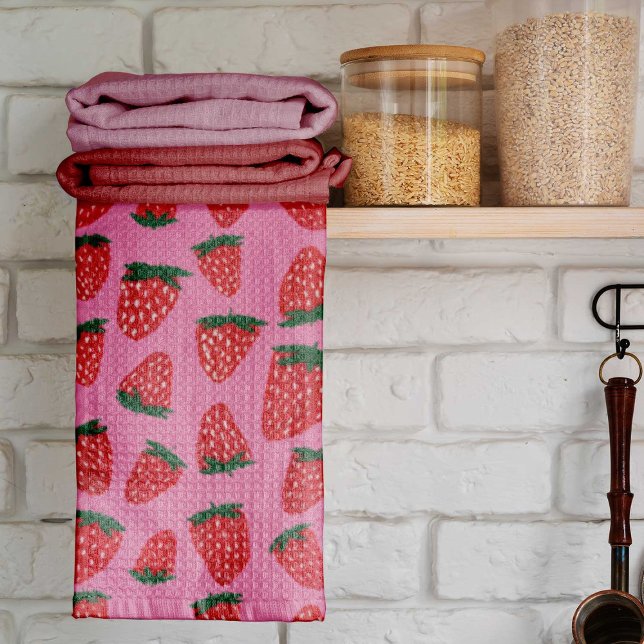 Paño De Cocina Fresas orgánicas de verano rojas sobre fondo rosa (Subido por el creador)