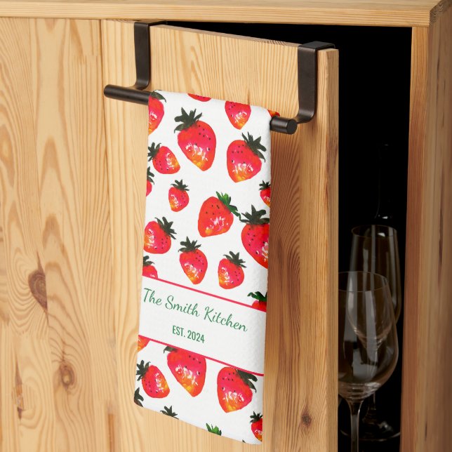 Paño De Cocina Fresas Pintadas a Mano Personalizadas Boho Primave (Pliegue de tercios)