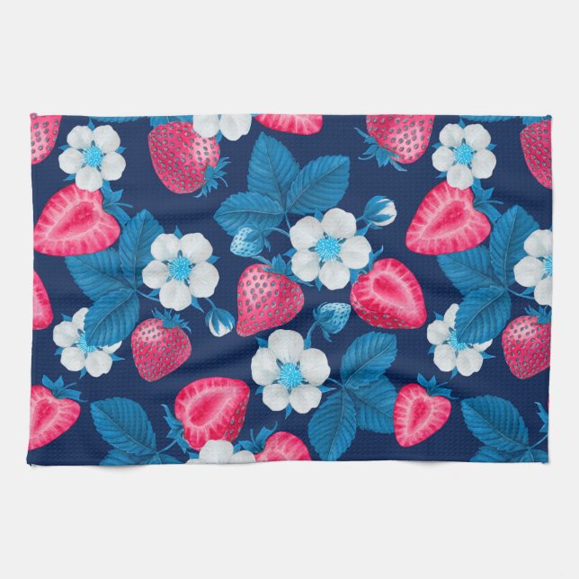 Paño De Cocina Fresas rosas en azul (Horizontal)