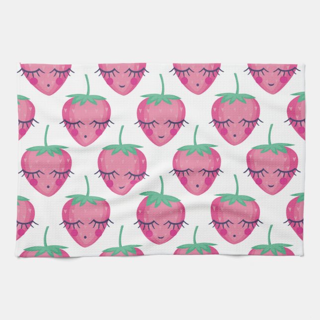 Paño De Cocina Fresas sonrientes para dormir, lindo patrón. (Horizontal)