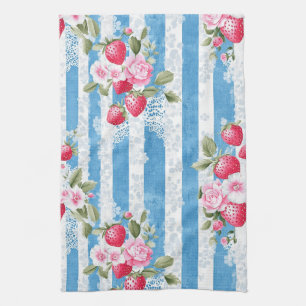 Paño De Cocina Fresas y flores antiguas en franjas azules