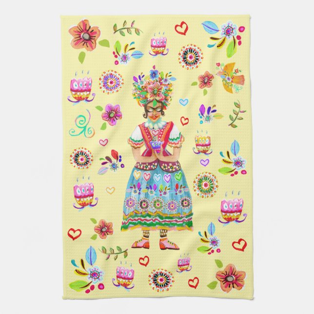 Paño De Cocina Frida Kahlo Flower Folk Art Inspiration (Vertical)