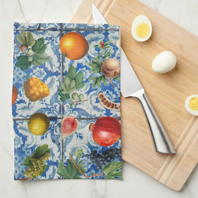 Paño De Cocina Fruta mediterránea de verano y mosaico blanco azul (Doblado Cuarto)