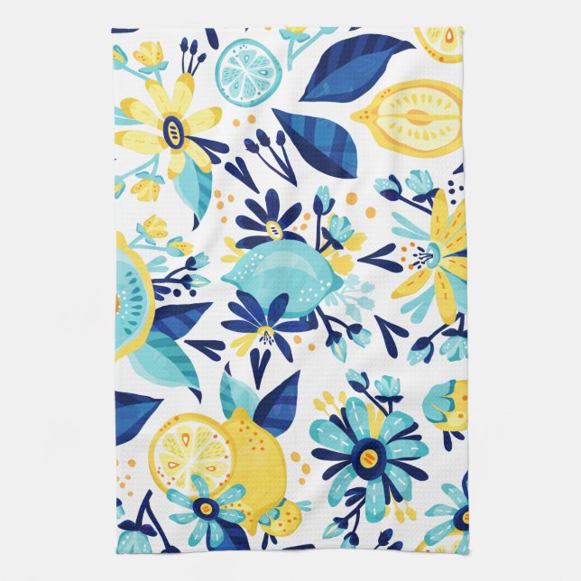 Paño De Cocina Frutas Y Flores Azules Y Amarillas (Vertical)