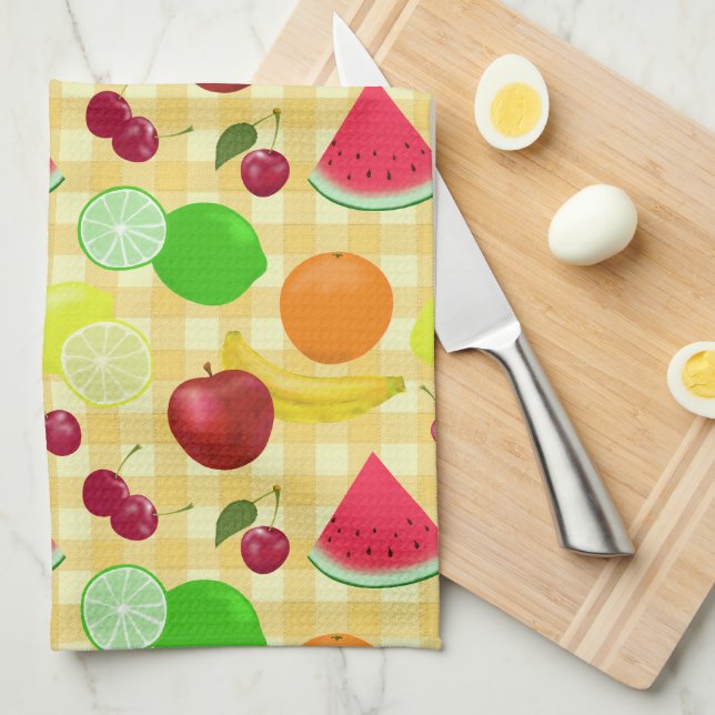 Paño De Cocina Frutos de la fruta Yellow Gingham Checks Cute (Doblado Cuarto)