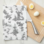 Paño De Cocina Fuentes y árboles fantásticos de época Toile-B & W<br><div class="desc">La histórica adaptación sin fisuras de un patrón textil John Munn inglés grabado en tela de jouy de los años 1770 con un monumento clásico a Shakespeare,  fuentes,  aves y flores exóticas. Negro sobre fondo blanco.</div>