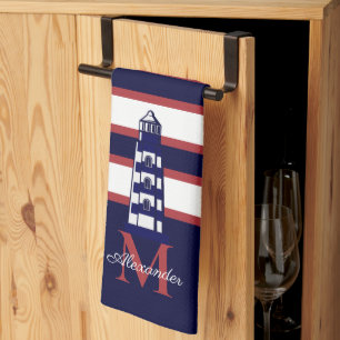 Paño De Cocina Fun Nautical Red White Navy faro de rayas azules