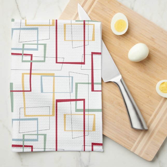 Paño De Cocina Funky Mid Century Cuadrados Amarillos Rojo Azul (Doblado Cuarto)