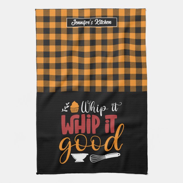 Paño De Cocina Funny Baking Pun Whip It Good Yellow Plaid Pattern (Vertical)