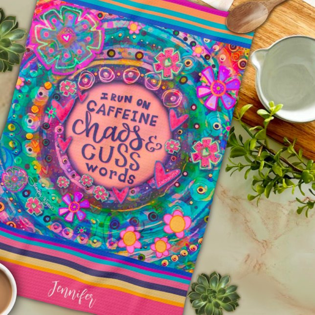 Paño De Cocina Funny Caffeine Chaos Cuss Words Floral Stripe Name (Subido por el creador)