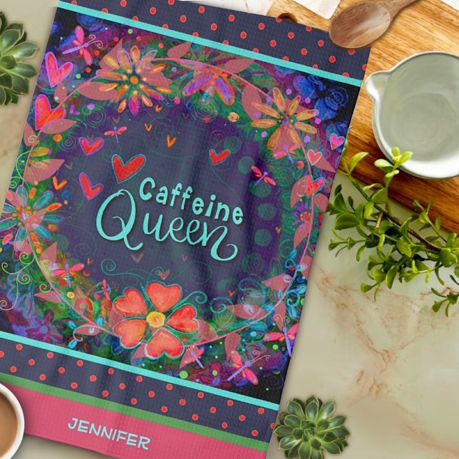 Paño De Cocina Funny Caffeine Queen Cita Nombre Corazón Floral (Subido por el creador)