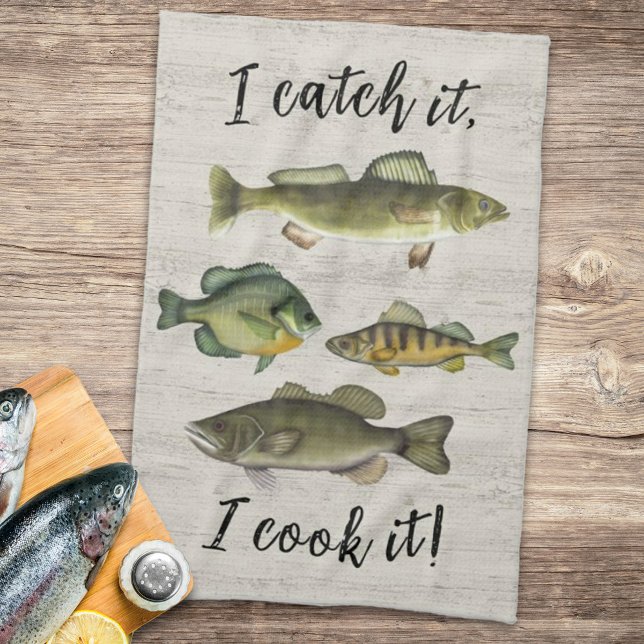 Paño De Cocina Funny Chef Fisherman Fish Catch Simple Wildlife (Cute "I catch it, I cook it" kitchen towel.)