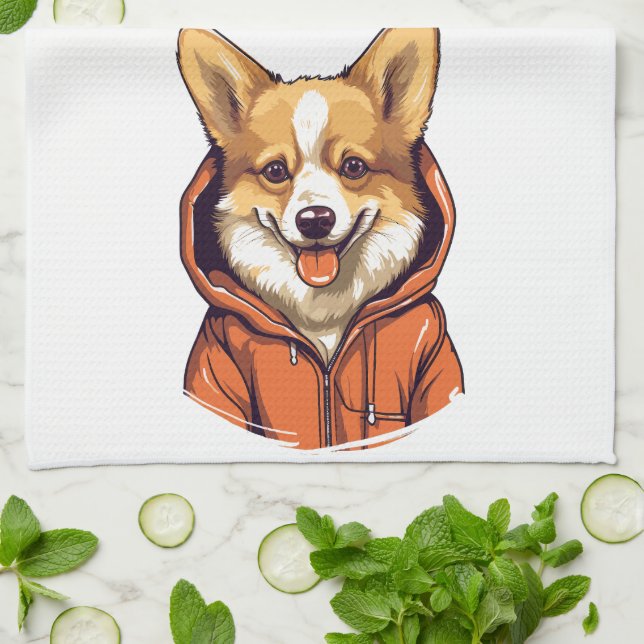 Paño De Cocina Funny Corgi Usando Hoodie (Doblado)