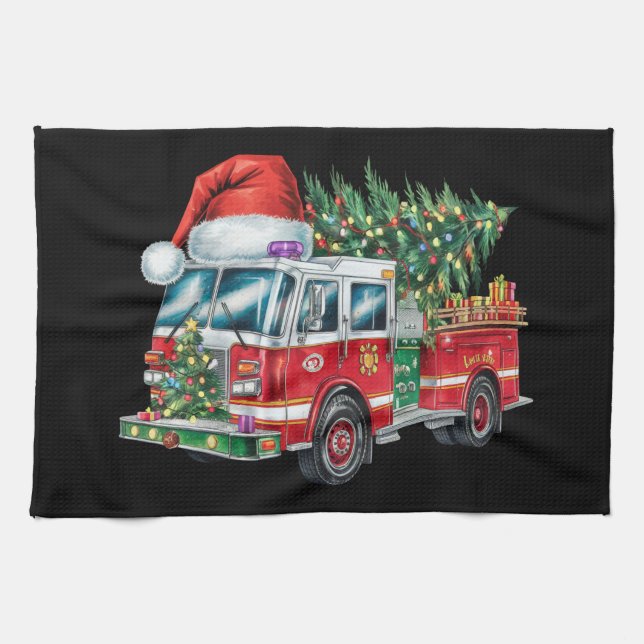 Paño De Cocina Funny Firetruck Santa Hat Christmas Tree Lights (Horizontal)