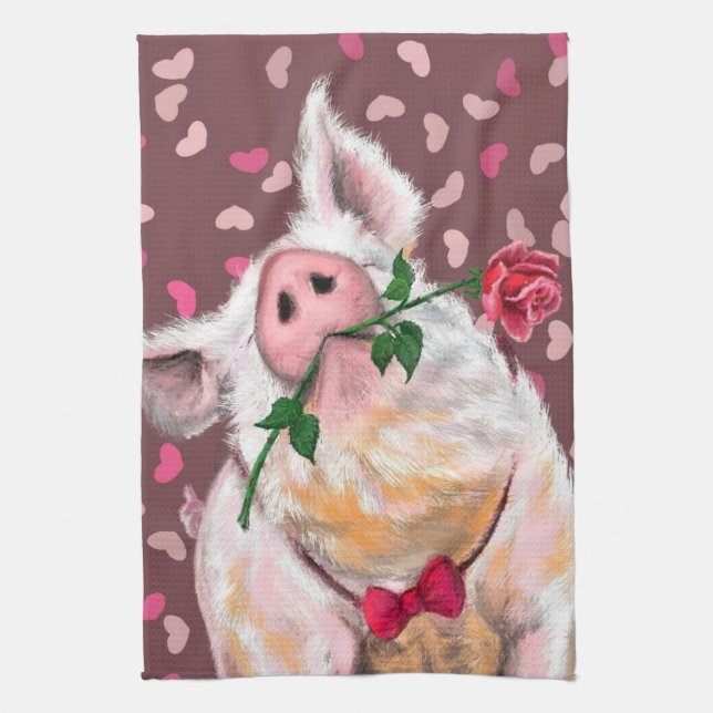 Paño De Cocina Funny Kitchen Towel Gentleman Pig con Rosa (Vertical)
