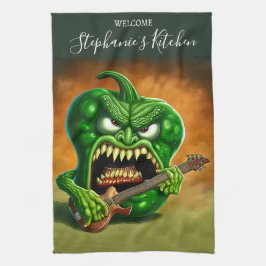 Paño De Cocina Funny Monster Green Bell Pepper Guitar