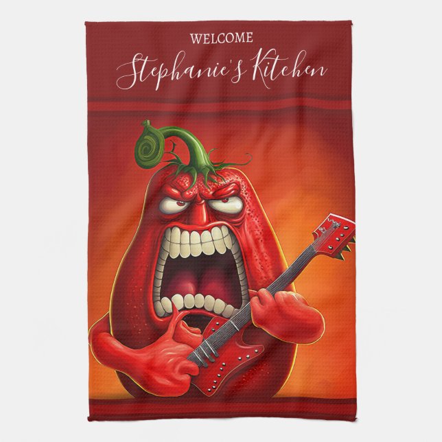 Paño De Cocina Funny Monster Red Bell Pepper Rocker Guitar (Vertical)