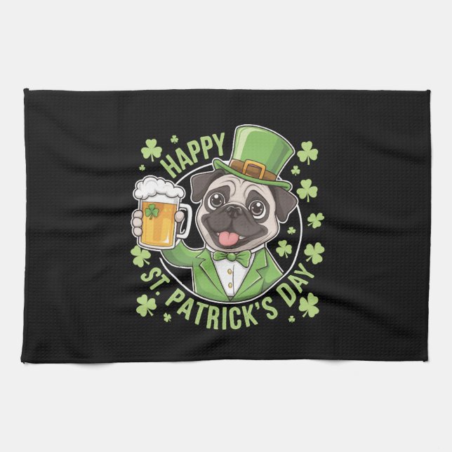 Paño De Cocina Funny St. Patrick’s Day Pug with Beer Mug (Horizontal)