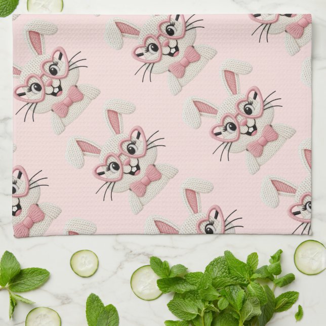 Paño De Cocina Gafas de corazón de conejito rosa lindo  (Doblado)