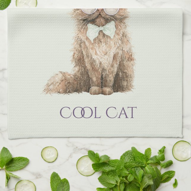 Paño De Cocina Gafas Mint Purple Brown Cool Cat   (Doblado)
