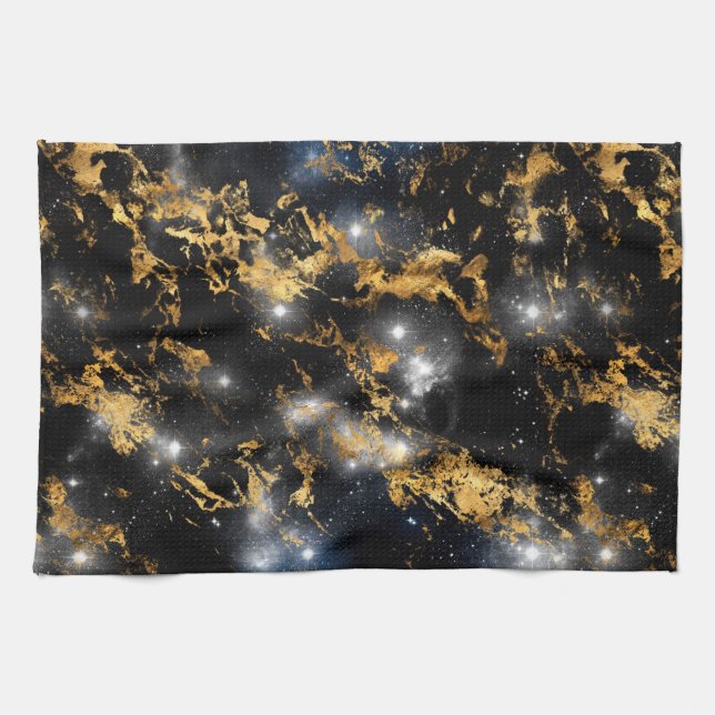 Paño De Cocina Galaxia acuarela de mármol negro y oro (Horizontal)