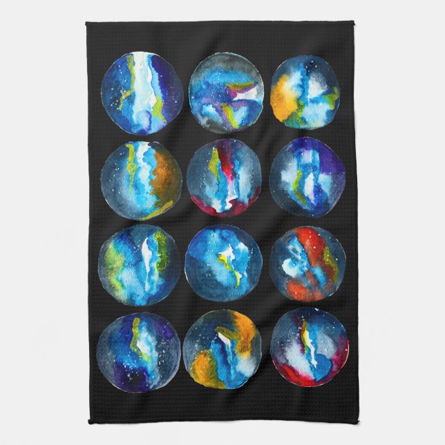 Paño De Cocina Galaxia nebulosa del planeta azul acuarela (Vertical)