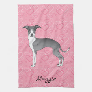 Paño De Cocina Galgo Italiano Azul y Blanco sobre Corazones Rosas