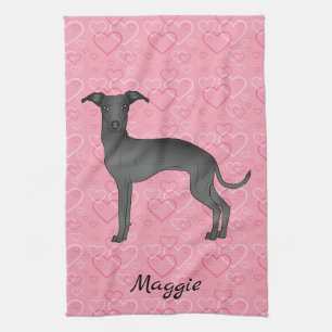 Paño De Cocina Galgo Italiano Negro Perro Bonito Sobre Corazones