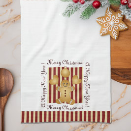 Paño De Cocina Galleta de Navidad Hombre de Jengibre con Raya Roj