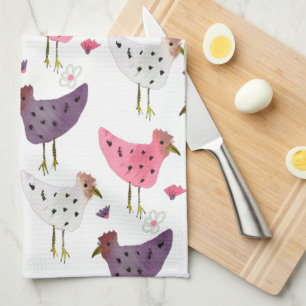 Paño De Cocina Gallo de acuarela patrón floral rosa púrpura