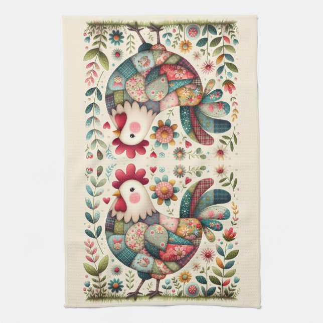 Paño De Cocina Gallo de patchwork folklórico con acentos florales (Vertical)