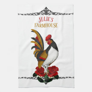 Paño De Cocina Gallo Rojo Negro Dorado Granja País Francés