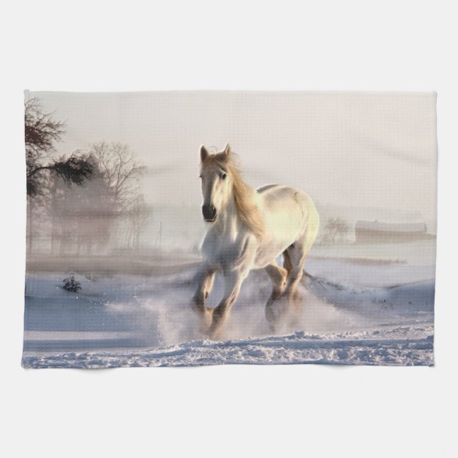 Paño De Cocina Gallopaje de caballos blancos a través de la nieve (Horizontal)