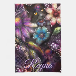 Paño De Cocina Garden Kitty Cat Floral Abstract Personalized