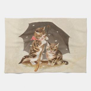 Paño De Cocina Gatitos antiguos bajo paraguas arte de gato antigu