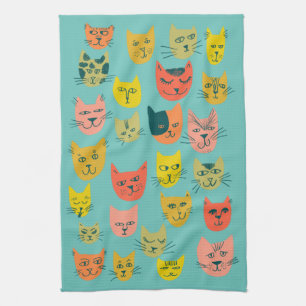 Paño De Cocina Gatitos Cute y Coloridos Verde azulados