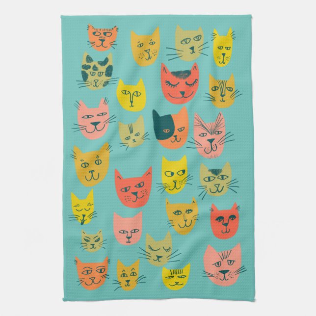 Paño De Cocina Gatitos Cute y Coloridos Verde azulados (Vertical)