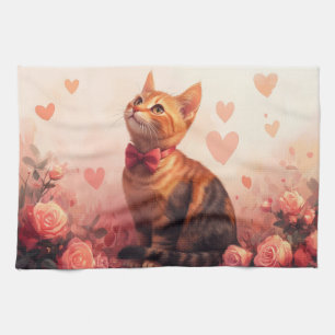 Paño De Cocina Gato Abisinio con Rosas - Día de San Valentín