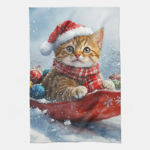 Paño De Cocina Gato abisinio en trineo Deja que nieve Navidad