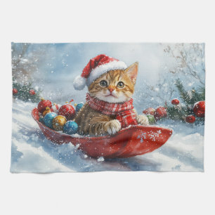 Paño De Cocina Gato abisinio en trineo Deja que nieve Navidad